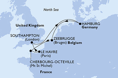 Francie, Velká Británie, Německo, Belgie z Le Havru na lodi MSC Preziosa