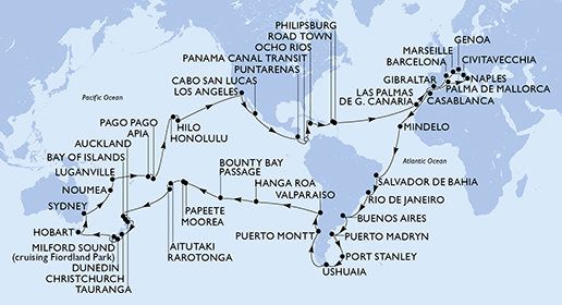 Španělsko, Velká Británie, Maroko, Kapverdy, Brazílie, Argentina, Zámořské území Velké Británie, Chile, Francouzská Polynésie, Cookovy ostrovy, Nový Zéland, Austrálie, Nová Kaledonie, Vanuatu, Samoa, Americká Samoa, USA, Mexiko, Kostarika, Panama, Jamajka, Britské Panenské ostrovy, Svatý Martin, Itálie, Francie z Barcelony na lodi MSC Magnifica