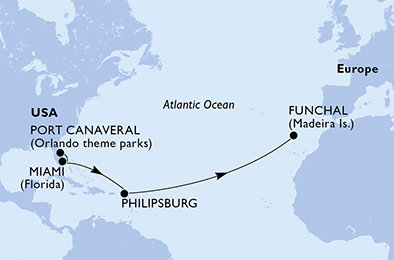 USA, Svatý Martin, Portugalsko z Port Canaveralu na lodi MSC Grandiosa