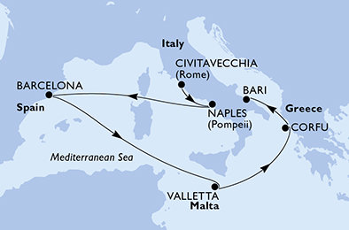 Itálie, Španělsko, Malta, Řecko z Civitavecchia na lodi MSC Fantasia