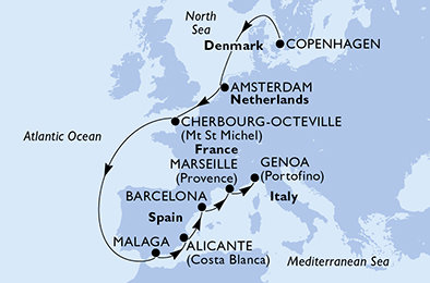 Dánsko, Nizozemsko, Francie, Španělsko, Itálie z Kodaně na lodi MSC Euribia