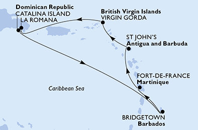 Dominikánská republika, Barbados, Martinik, Antigua a Barbuda, Zámořské území Velké Británie z La Romany na lodi MSC Opera