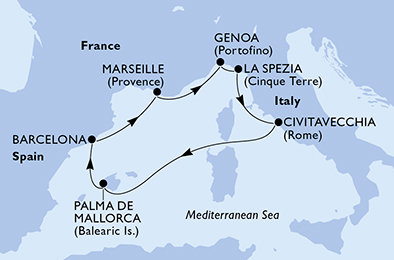 Španělsko, Francie, Itálie z Palmy de Mallorca na lodi MSC World Europa