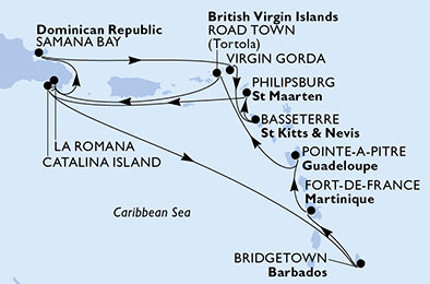 Martinik, Guadeloupe, Britské Panenské ostrovy, Dominikánská republika, Zámořské území Velké Británie, Svatý Kryštof a Nevis, Svatý Martin, Barbados z Fort-de-France na lodi MSC Opera