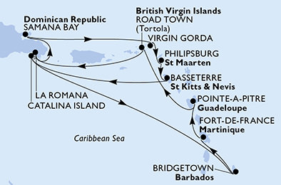 Barbados, Martinik, Guadeloupe, Britské Panenské ostrovy, Dominikánská republika, Zámořské území Velké Británie, Svatý Martin, Svatý Kryštof a Nevis z Bridgetownu na lodi MSC Opera