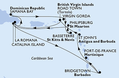 Martinik, Antigua a Barbuda, Britské Panenské ostrovy, Dominikánská republika, Zámořské území Velké Británie, Svatý Kryštof a Nevis, Svatý Martin, Barbados z Fort-de-France na lodi MSC Opera