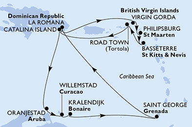 Dominikánská republika, Zámořské území Velké Británie, Svatý Martin, Svatý Kryštof a Nevis, Britské Panenské ostrovy, Aruba, Curacao, Bonaire, Grenada z La Romany na lodi MSC Opera