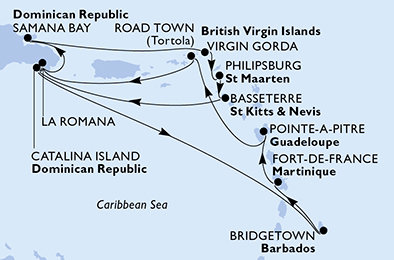 Dominikánská republika, Zámořské území Velké Británie, Svatý Martin, Svatý Kryštof a Nevis, Barbados, Martinik, Guadeloupe, Britské Panenské ostrovy z La Romany na lodi MSC Opera