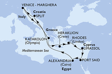 Itálie, Řecko, Kypr, Egypt, Chorvatsko z Marghery na lodi MSC Lirica