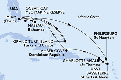 USA, Svatý Martin, Svatý Kryštof a Nevis, Dominikánská republika, Bahamy, Zámořské území Velké Británie z Miami na lodi MSC Meraviglia