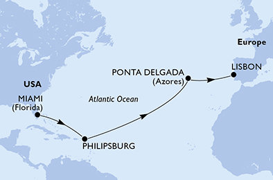 USA, Svatý Martin, Portugalsko z Miami na lodi MSC Meraviglia