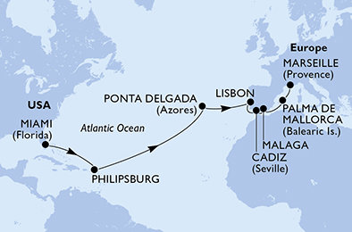 USA, Svatý Martin, Portugalsko, Španělsko, Francie z Miami na lodi MSC Meraviglia
