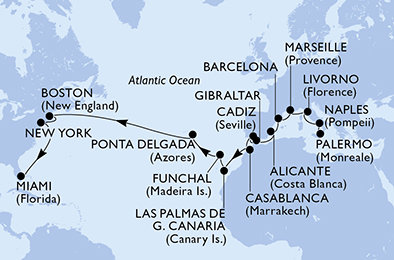 Itálie, Francie, Španělsko, Velká Británie, Maroko, Portugalsko, USA z Palerma na lodi MSC Meraviglia