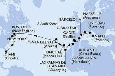 Itálie, Francie, Španělsko, Velká Británie, Maroko, Portugalsko, USA z Neapole na lodi MSC Meraviglia