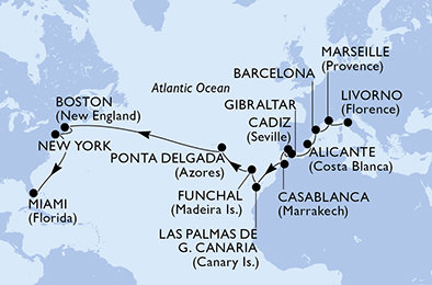 Itálie, Francie, Španělsko, Velká Británie, Maroko, Portugalsko, USA z Livorna na lodi MSC Meraviglia