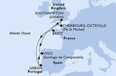 Velká Británie, Francie, Portugalsko, Španělsko ze Southamptonu na lodi MSC Meraviglia