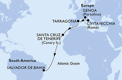 Itálie, Španělsko, Brazílie z Civitavecchia na lodi MSC Divina