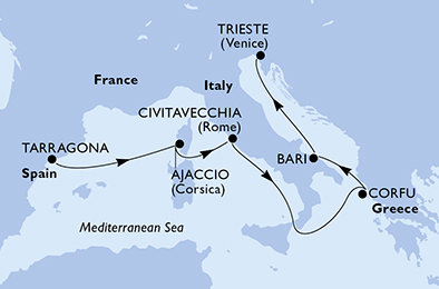 Španělsko, Francie, Itálie, Řecko z Tarragony na lodi MSC Splendida