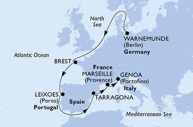 Německo, Francie, Portugalsko, Španělsko, Itálie z Warnemünde na lodi MSC Magnifica