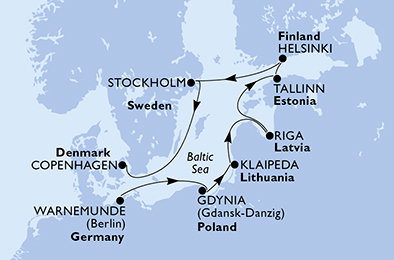 Německo, Polsko, Litva, Lotyšsko, Estonsko, Finsko, Švédsko, Dánsko z Warnemünde na lodi MSC Magnifica