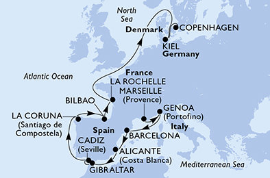 Francie, Itálie, Španělsko, Velká Británie, Německo, Dánsko z Marseille na lodi MSC Euribia
