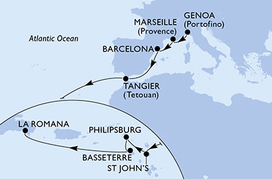 Itálie, Francie, Španělsko, Maroko, Antigua a Barbuda, Svatý Martin, Svatý Kryštof a Nevis, Dominikánská republika z Janova na lodi MSC Opera