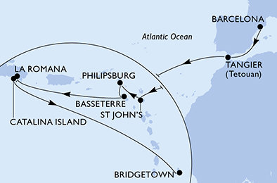 Španělsko, Maroko, Antigua a Barbuda, Svatý Martin, Svatý Kryštof a Nevis, Dominikánská republika, Barbados z Barcelony na lodi MSC Opera