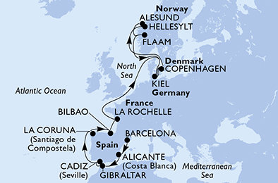 Španělsko, Velká Británie, Francie, Německo, Dánsko, Norsko z Barcelony na lodi MSC Euribia