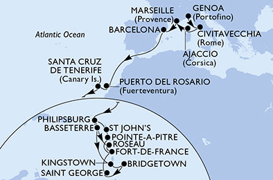 Itálie, Francie, Španělsko, Svatý Martin, Svatý Kryštof a Nevis, Svatý Vincenc a Grenadiny, Barbados, Grenada, Martinik, Guadeloupe, Antigua a Barbuda, Dominika z Janova na lodi MSC Seaview