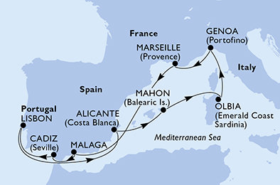 Španělsko, Portugalsko, Itálie, Francie z Málagy na lodi MSC Sinfonia