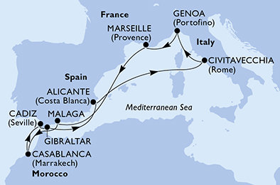 Francie, Španělsko, Maroko, Velká Británie, Itálie z Marseille na lodi MSC Sinfonia