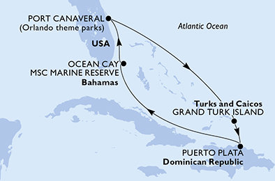USA, Zámořské území Velké Británie, Dominikánská republika, Bahamy z Port Canaveralu na lodi MSC World Atlantic