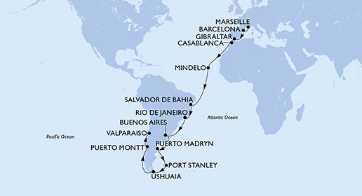 Francie, Španělsko, Velká Británie, Maroko, Kapverdy, Brazílie, Argentina, Zámořské území Velké Británie, Chile z Marseille na lodi MSC Magnifica