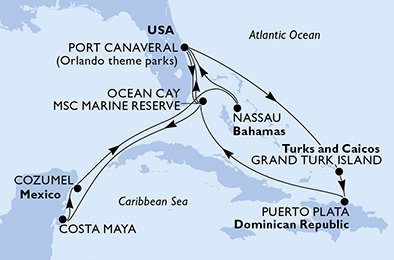 USA, Zámořské území Velké Británie, Dominikánská republika, Bahamy, Mexiko z Port Canaveralu na lodi MSC World Atlantic
