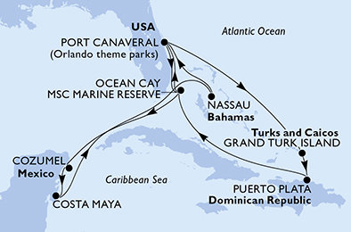 USA, Bahamy, Mexiko, Zámořské území Velké Británie, Dominikánská republika z Port Canaveralu na lodi MSC World Atlantic