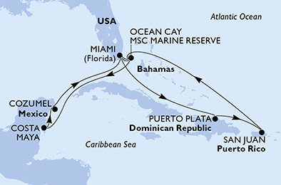 USA, Dominikánská republika, Bahamy, Mexiko z Miami na lodi MSC World America