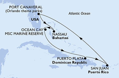 USA, Bahamy, Dominikánská republika z Port Canaveralu na lodi MSC Grandiosa