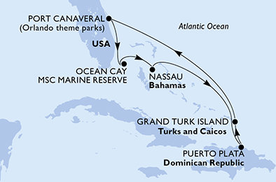 USA, Bahamy, Dominikánská republika, Zámořské území Velké Británie z Port Canaveralu na lodi MSC Grandiosa