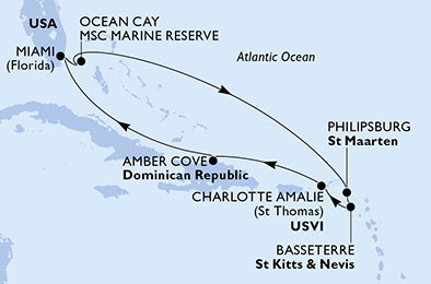 USA, Bahamy, Svatý Martin, Svatý Kryštof a Nevis, Dominikánská republika z Miami na lodi MSC Seashore