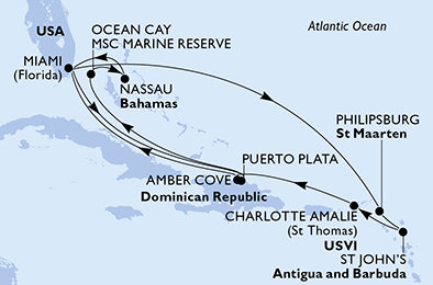 USA, Dominikánská republika, Bahamy, Svatý Martin, Antigua a Barbuda z Miami na lodi MSC Seashore