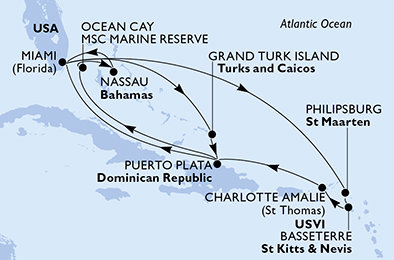 USA, Svatý Martin, Svatý Kryštof a Nevis, Dominikánská republika, Zámořské území Velké Británie, Bahamy z Miami na lodi MSC Seashore