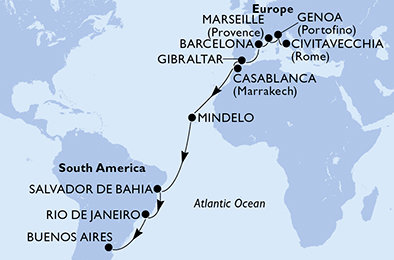 Itálie, Francie, Španělsko, Velká Británie, Maroko, Kapverdy, Brazílie, Argentina z Civitavecchia na lodi MSC Magnifica