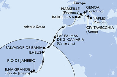 Itálie, Francie, Španělsko, Brazílie z Neapole na lodi MSC Divina