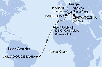 Itálie, Francie, Španělsko, Brazílie z Civitavecchia na lodi MSC Divina