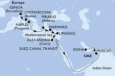 Itálie, Řecko, Turecko, Kypr, Egypt, Omán, Katar z Janova na lodi MSC World Europa