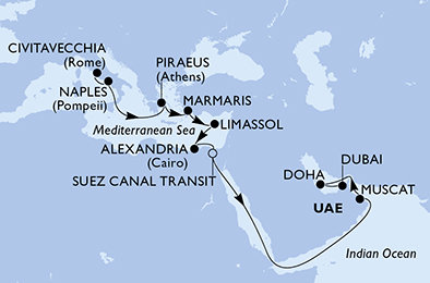 Itálie, Řecko, Turecko, Kypr, Egypt, Omán, Katar, Spojené arabské emiráty z Civitavecchia na lodi MSC World Europa