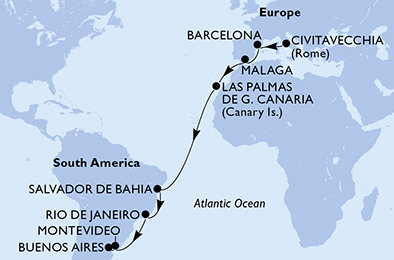 Itálie, Španělsko, Brazílie, Uruguay, Argentina z Civitavecchia na lodi MSC Splendida