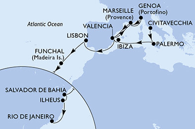 Itálie, Španělsko, Francie, Portugalsko, Brazílie z Civitavecchia na lodi MSC Musica