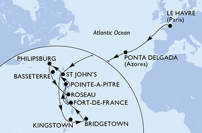 Francie, Portugalsko, Antigua a Barbuda, Svatý Vincenc a Grenadiny, Barbados, Martinik, Guadeloupe, Svatý Martin, Svatý Kryštof a Nevis, Dominika z Le Havru na lodi MSC Meraviglia