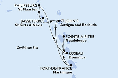 Martinik, Guadeloupe, Dominika, Svatý Martin, Svatý Kryštof a Nevis, Antigua a Barbuda z Fort-de-France na lodi MSC Meraviglia